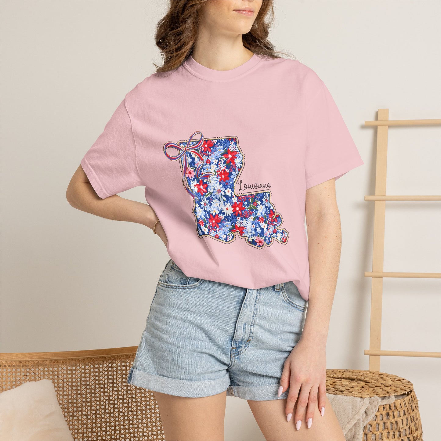 Louisiana Floral State Map T-Shirt — Red, White & Blue "Louisiana" Design