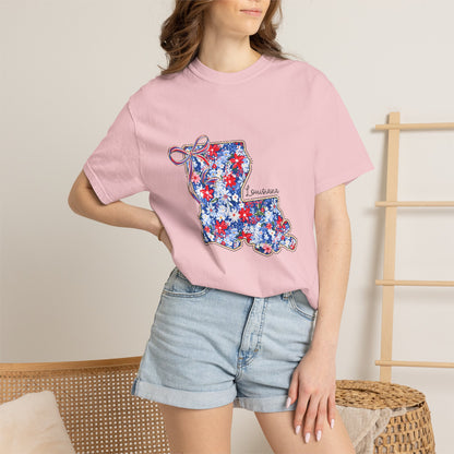 Louisiana Floral State Map T-Shirt — Red, White & Blue "Louisiana" Design