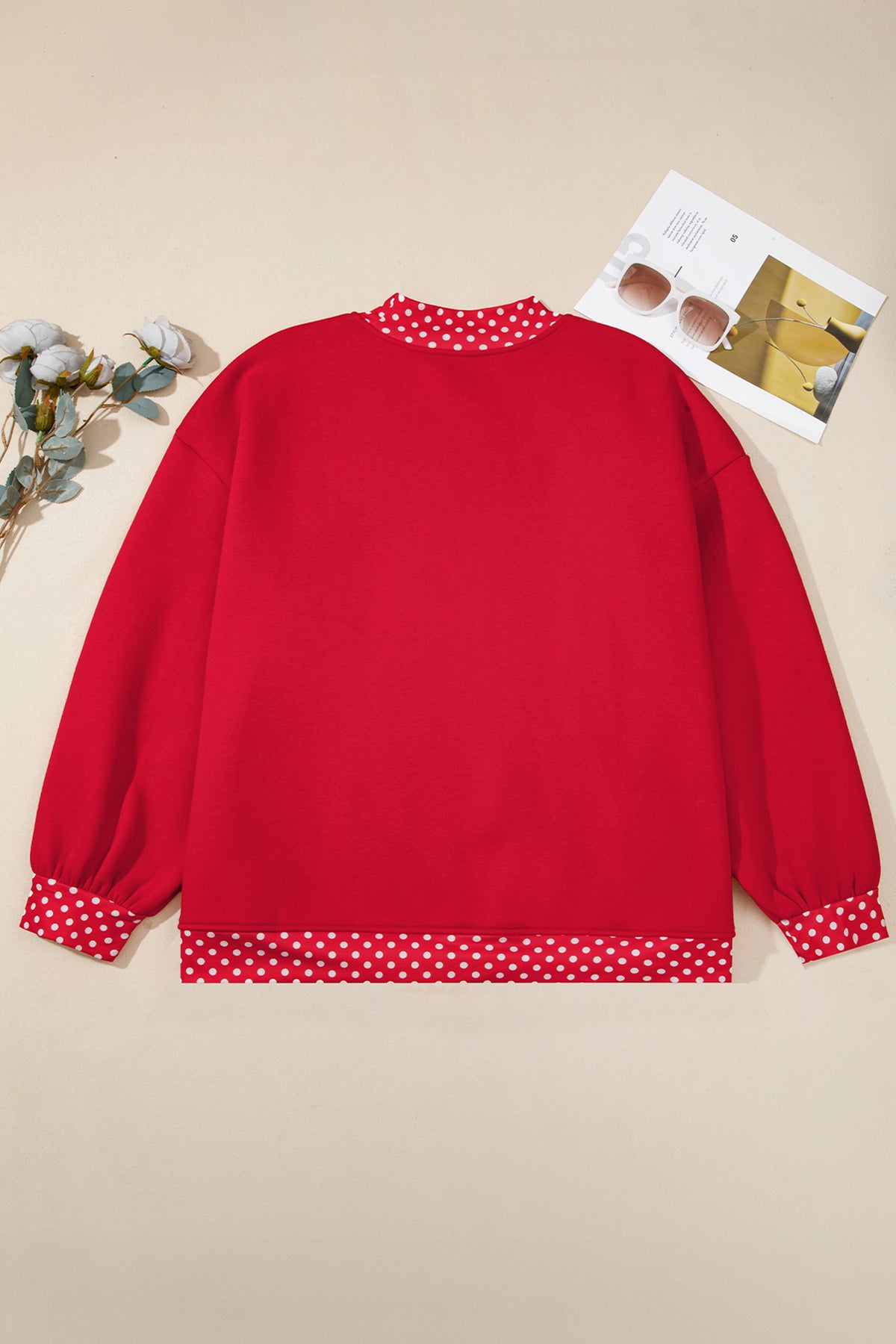 Dark Green Polka Dot Patchwork Round Neck Plus Size Sweatshirt