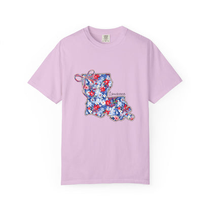 Louisiana Floral State Map T-Shirt — Red, White & Blue "Louisiana" Design