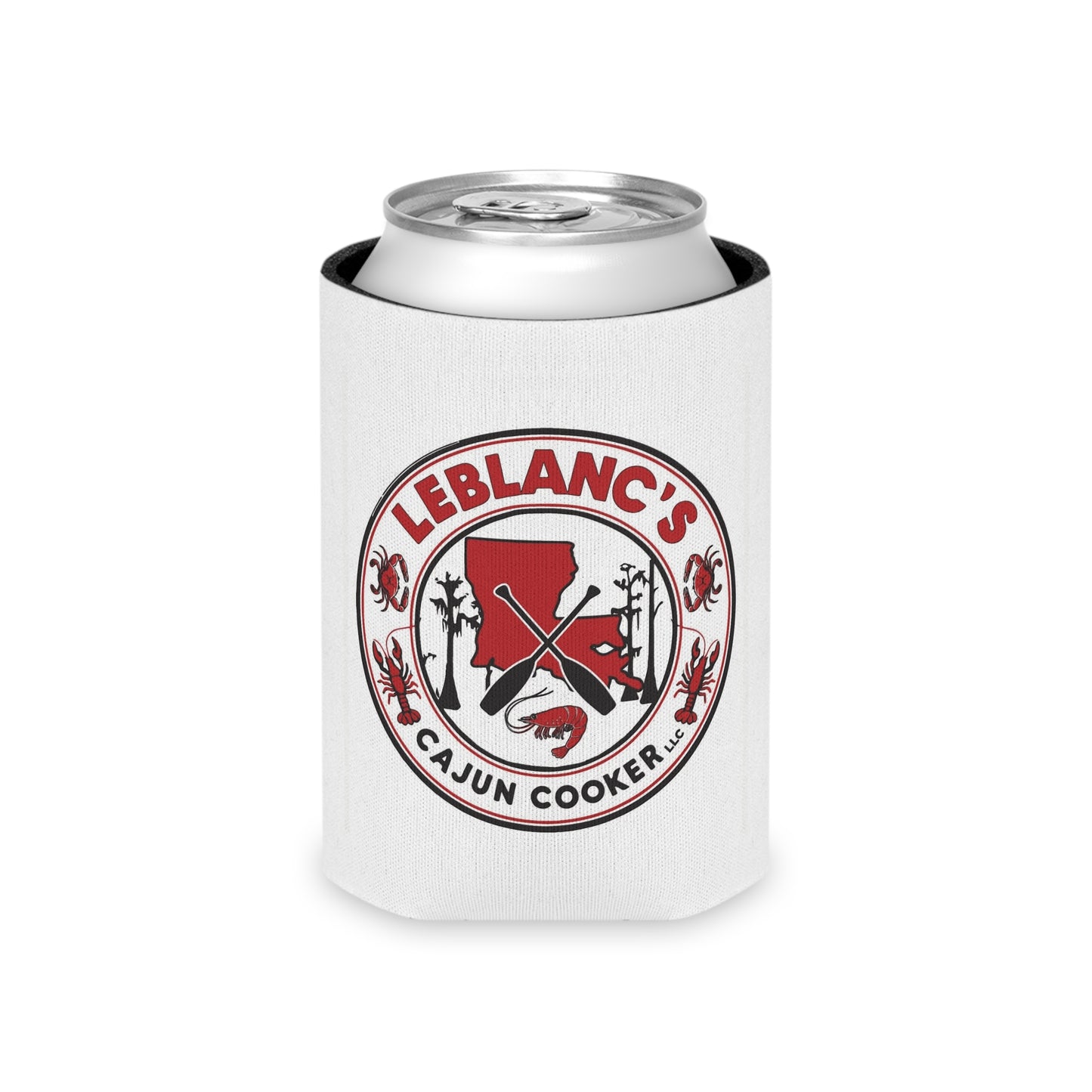 Can Cooler — Leblanc's Cajun Cooker Logo & "Pinch. Peel. Eat. Repeat." Beer Can Cooler