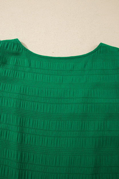 Dark Green Textured Square Neck Top and Shirred High Waist Shorts Set