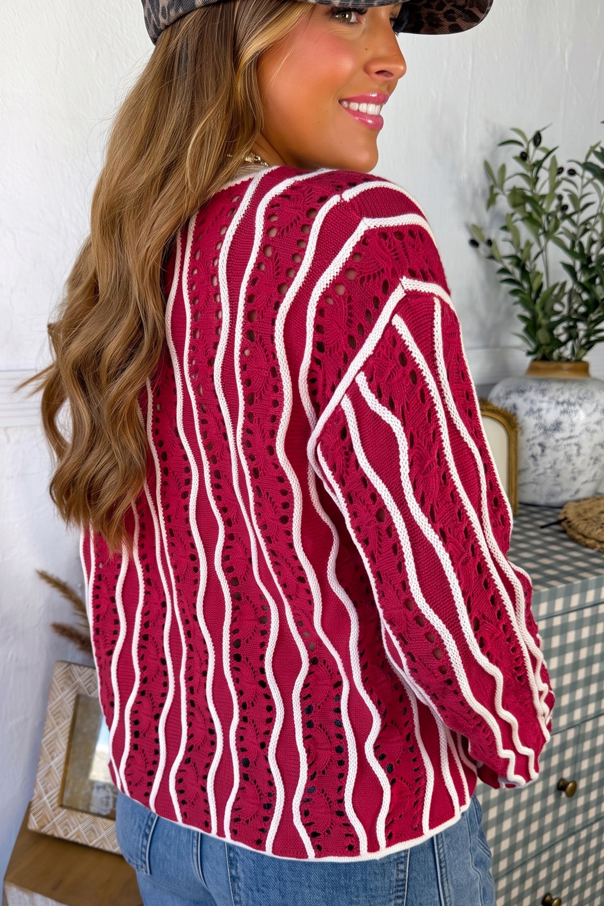 Racing Red Wavy Detail Hollow Out Knit Long Sleeve Cotton Pullover Sweater