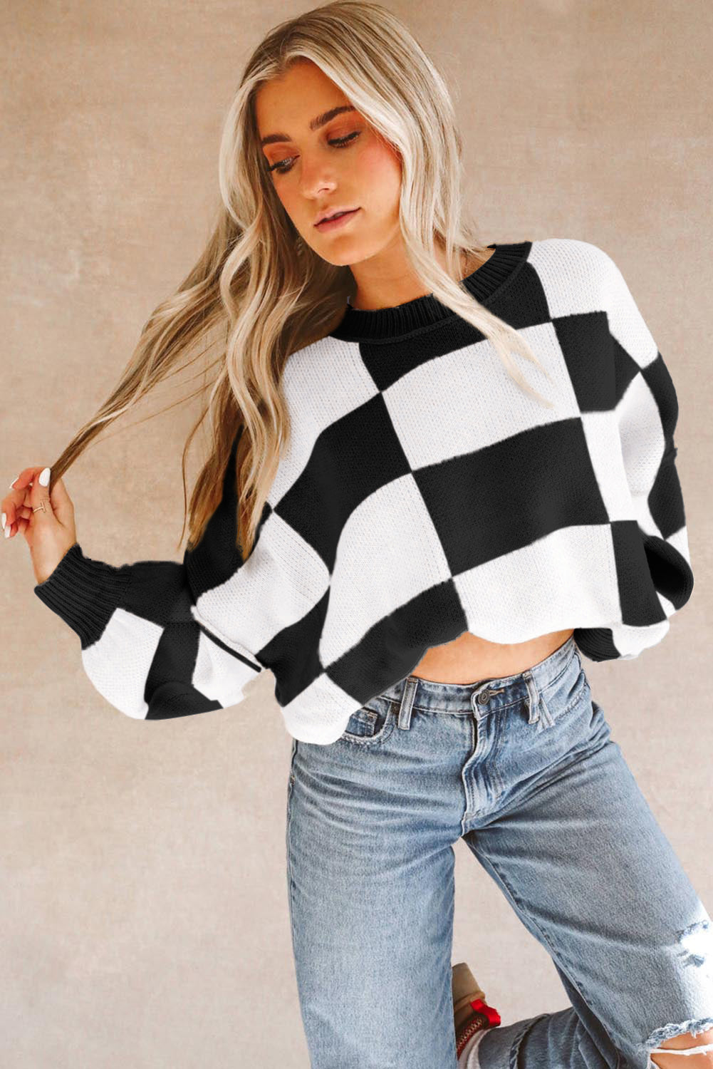 Black Checkered Bishop Sleeve Sweater