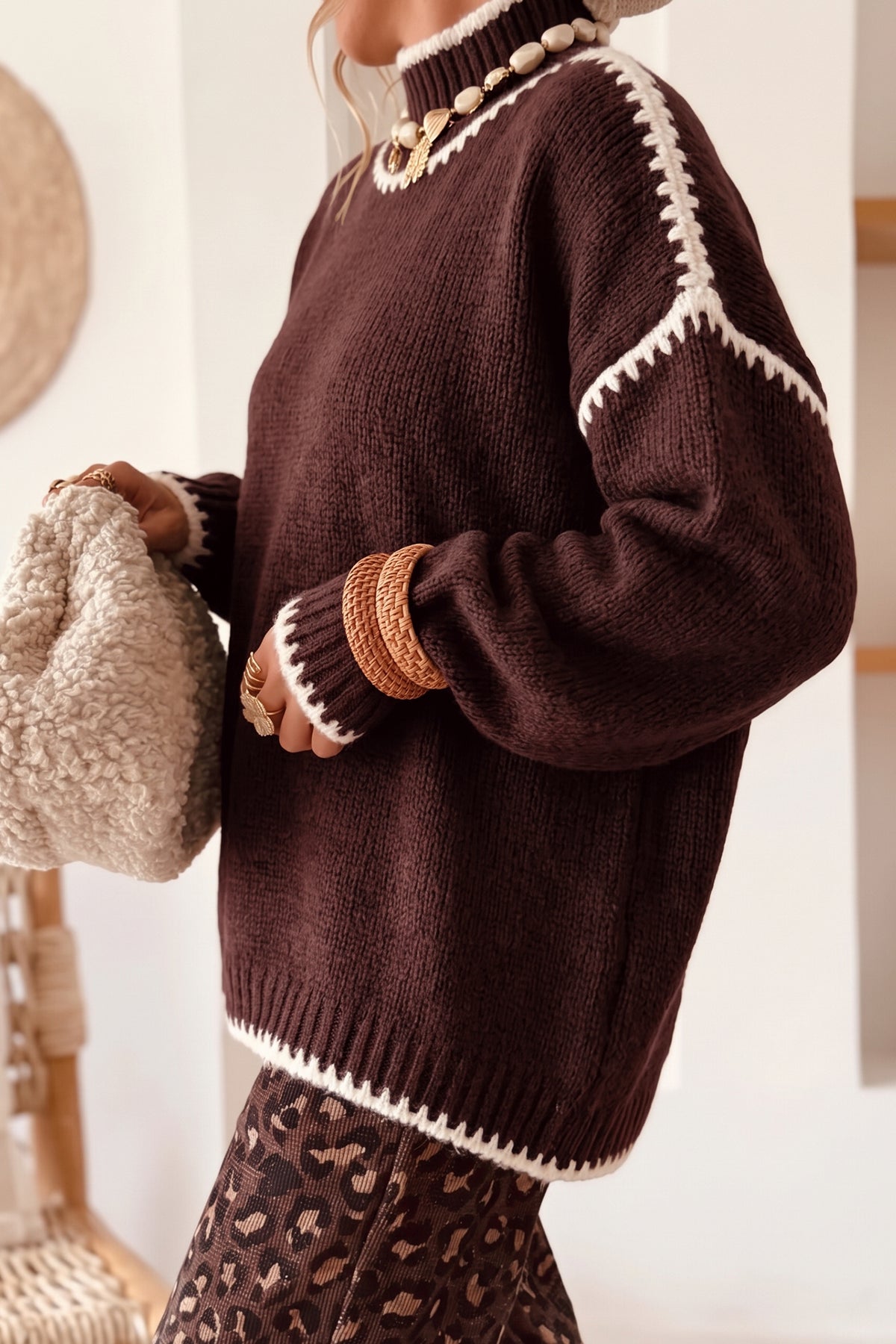 Dark Khaki Contrast Trim Mock Neck Drop Shoulder Relaxed Sweater