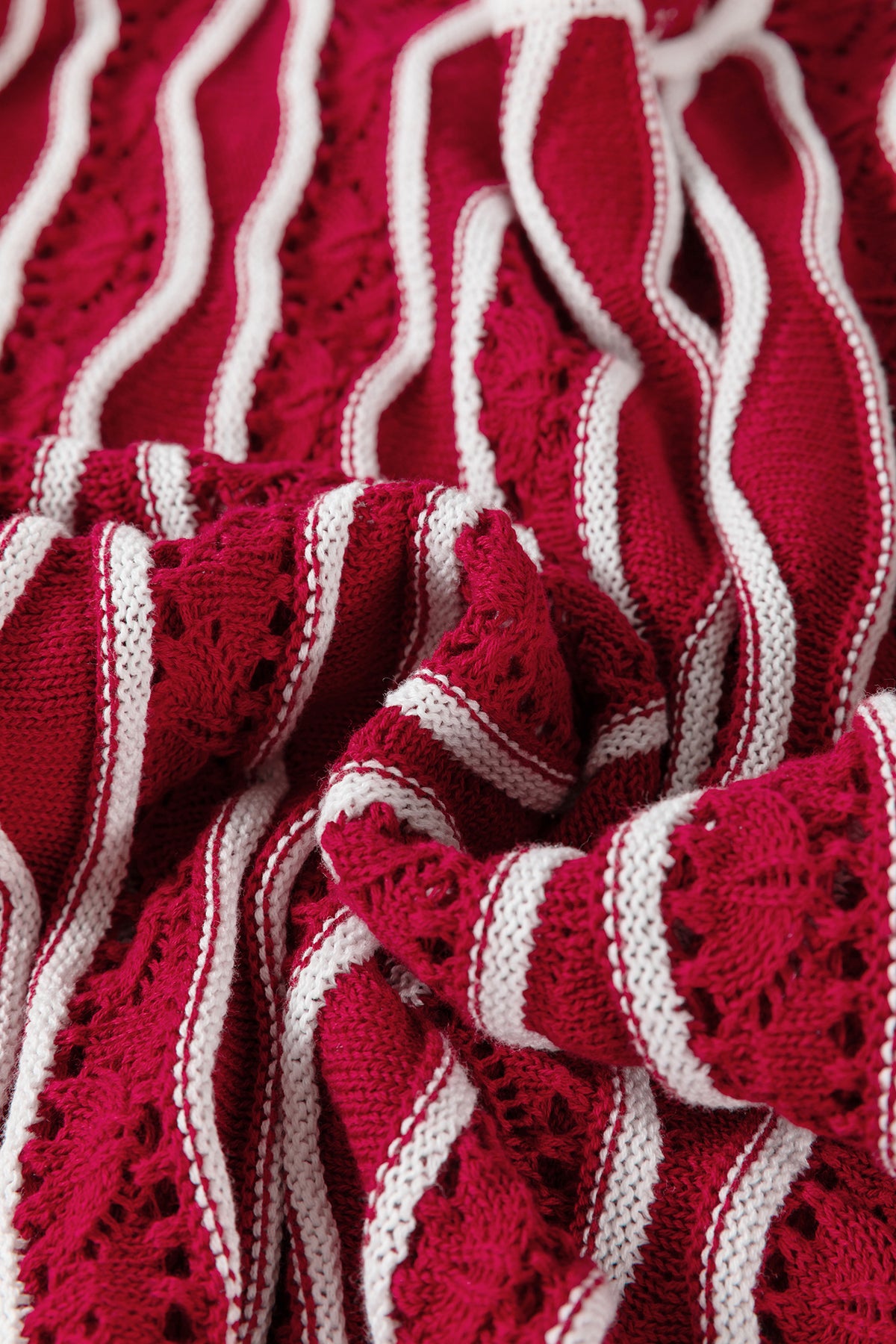 Racing Red Wavy Detail Hollow Out Knit Long Sleeve Cotton Pullover Sweater