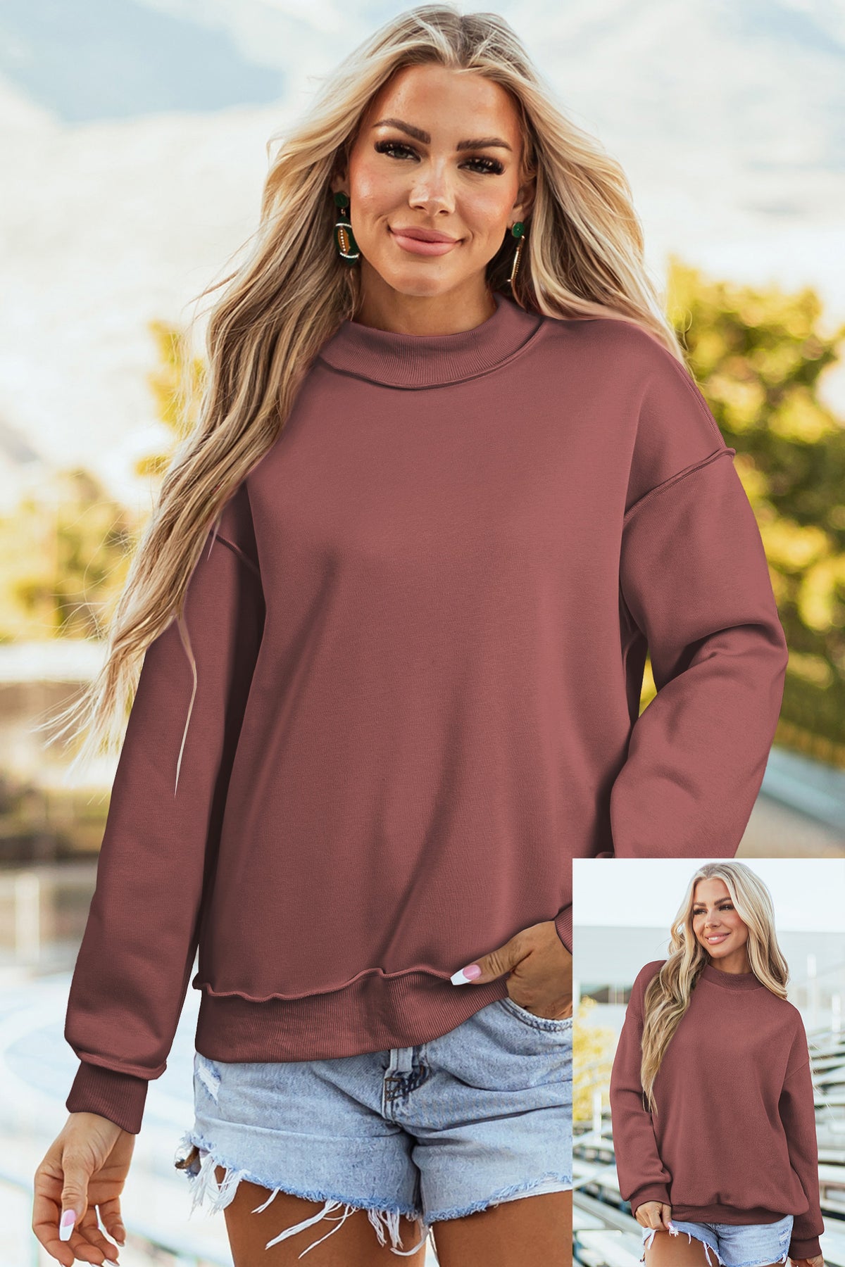 Black Oversize Drop Shoulder Reversible Mock Neck Sweatshirt