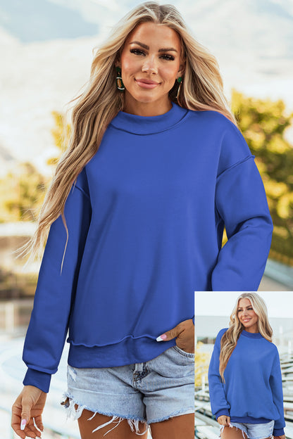 Black Oversize Drop Shoulder Reversible Mock Neck Sweatshirt