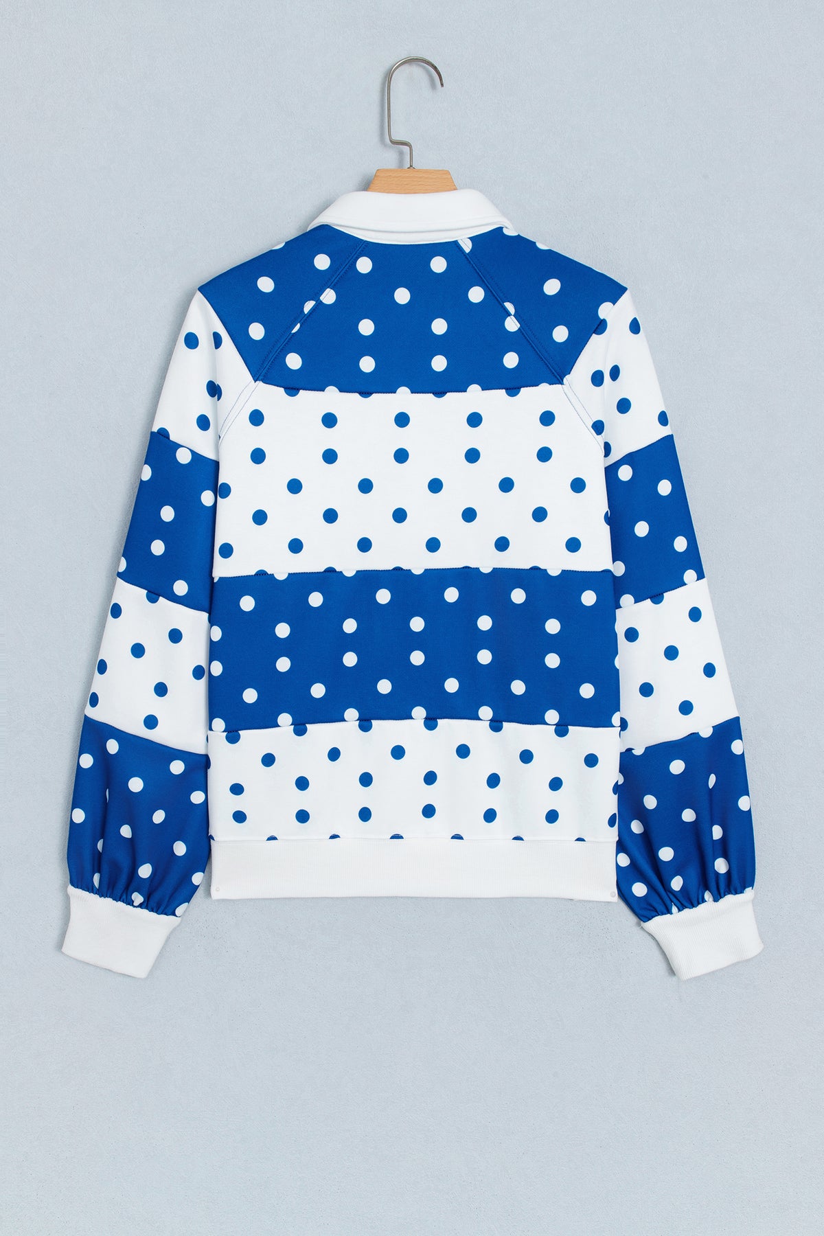 Blue Polka Dot Colorblock Half Zip Puff Sleeve Pullover Sweatshirt