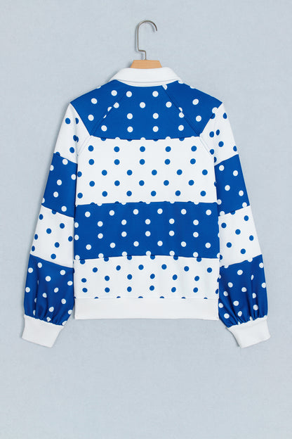Blue Polka Dot Colorblock Half Zip Puff Sleeve Pullover Sweatshirt