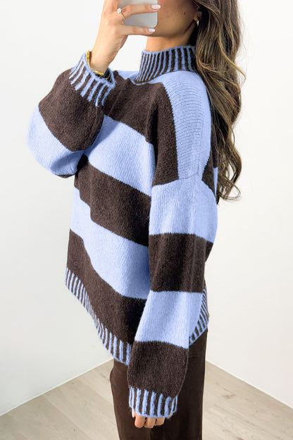 Sky Blue Stripe Contrast High Neck Dropped Shoulder Relaxed Pullover Sweater