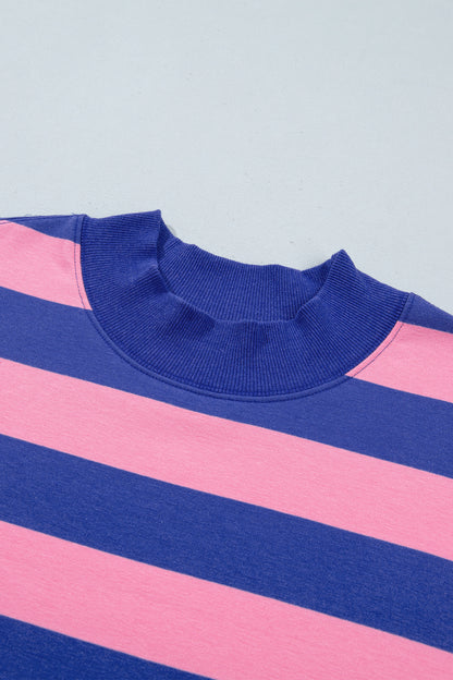 Blue Stripe Colorblock Mock Neck Relaxed Sweatshirt
