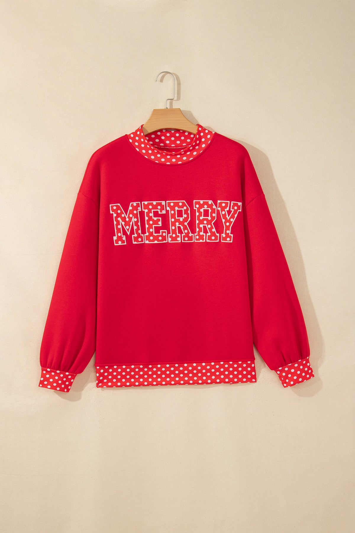 Sail Blue Polka Dot Letter Print Contrast Trim Mock Neck Sweatshirt