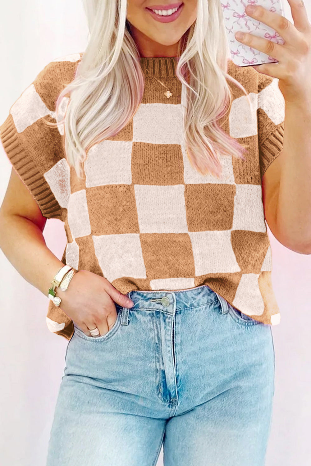 Strawberry Pink Colorblock Plaid Pattern Ribbed Trim Sweater Tank Top