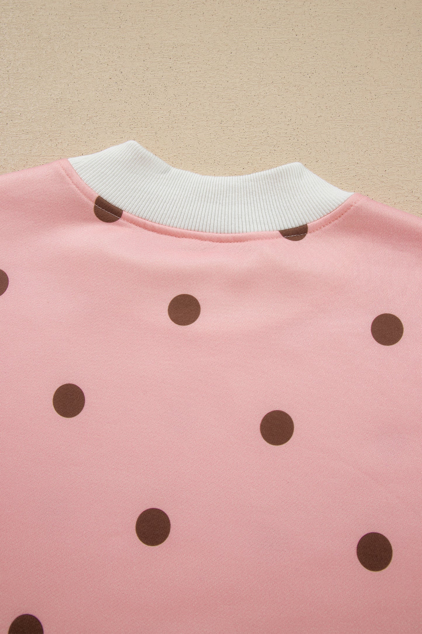 Brown Polka Dot Ribbed Trim Long Sleeve Top Casual Short Set