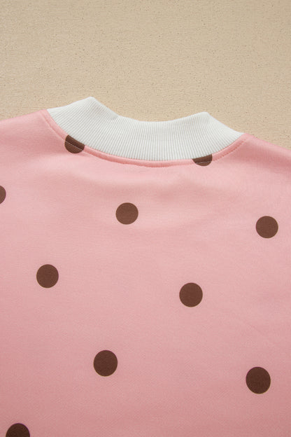 Brown Polka Dot Ribbed Trim Long Sleeve Top Casual Short Set