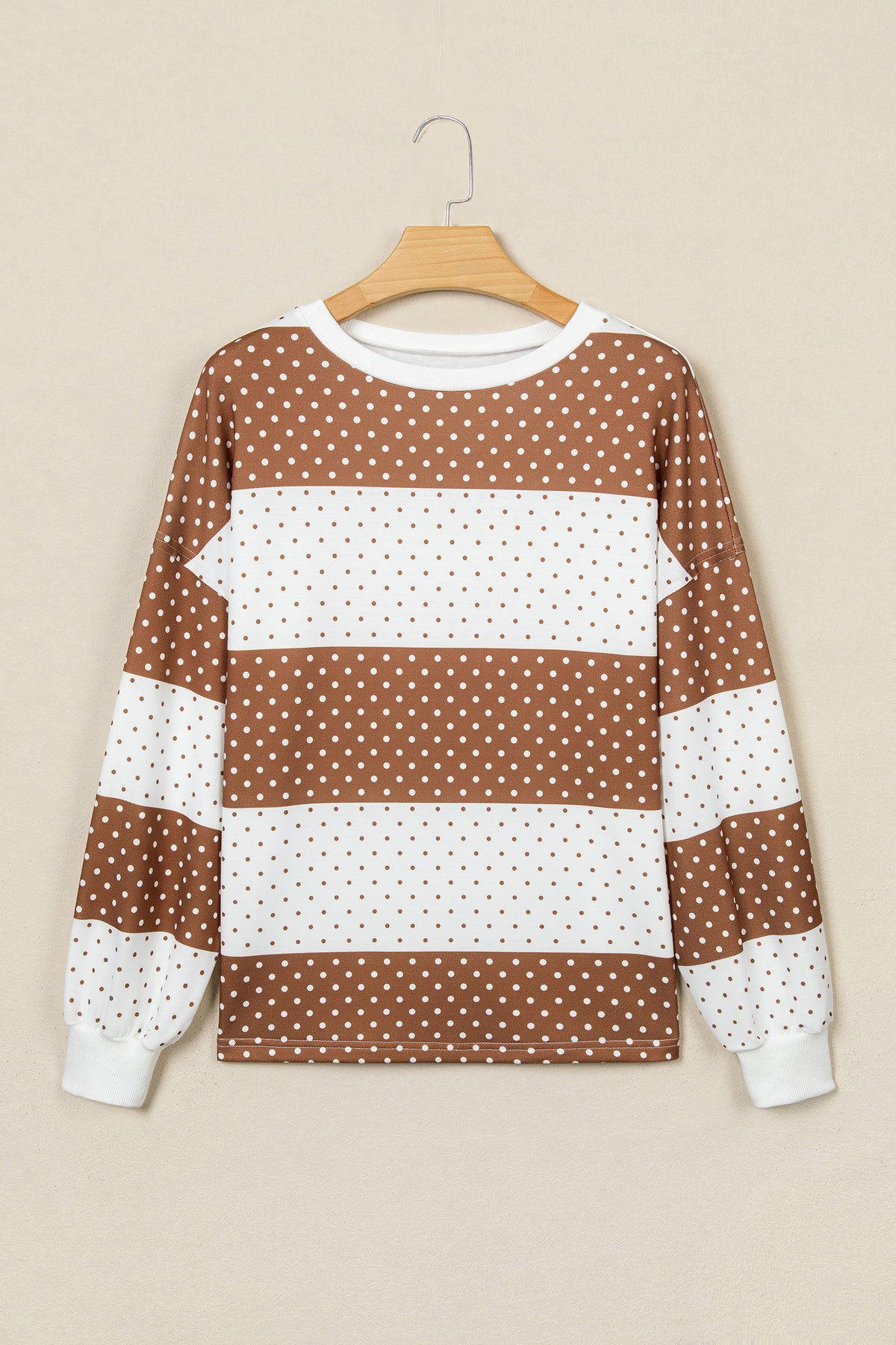 Brown Polka Dot Patchwork Colorblock Long Sleeve Top