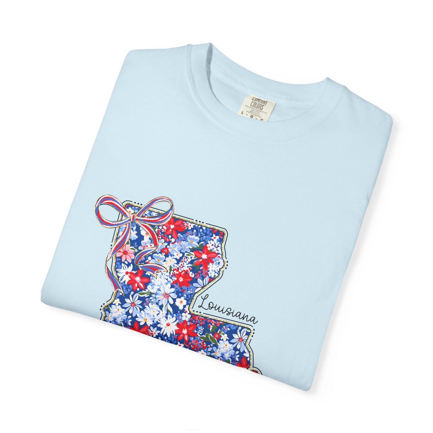 Louisiana Floral State Map T-Shirt — Red, White & Blue "Louisiana" Design