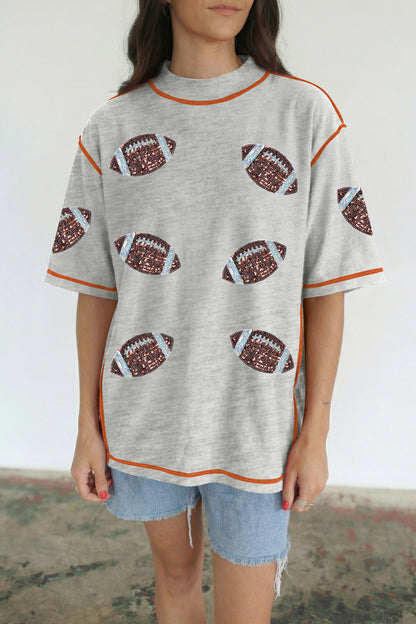 Light Grey Sequin Rugby Football Pattern Contrast Stitched T Shirt