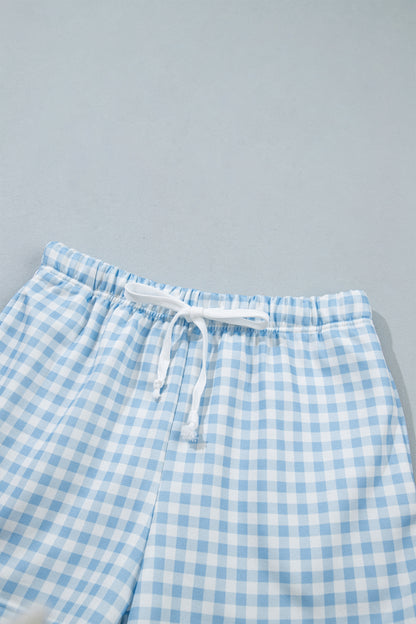 Pink Plaid Baggy Pullover Drawstring Casual Shorts 2pcs Outfit