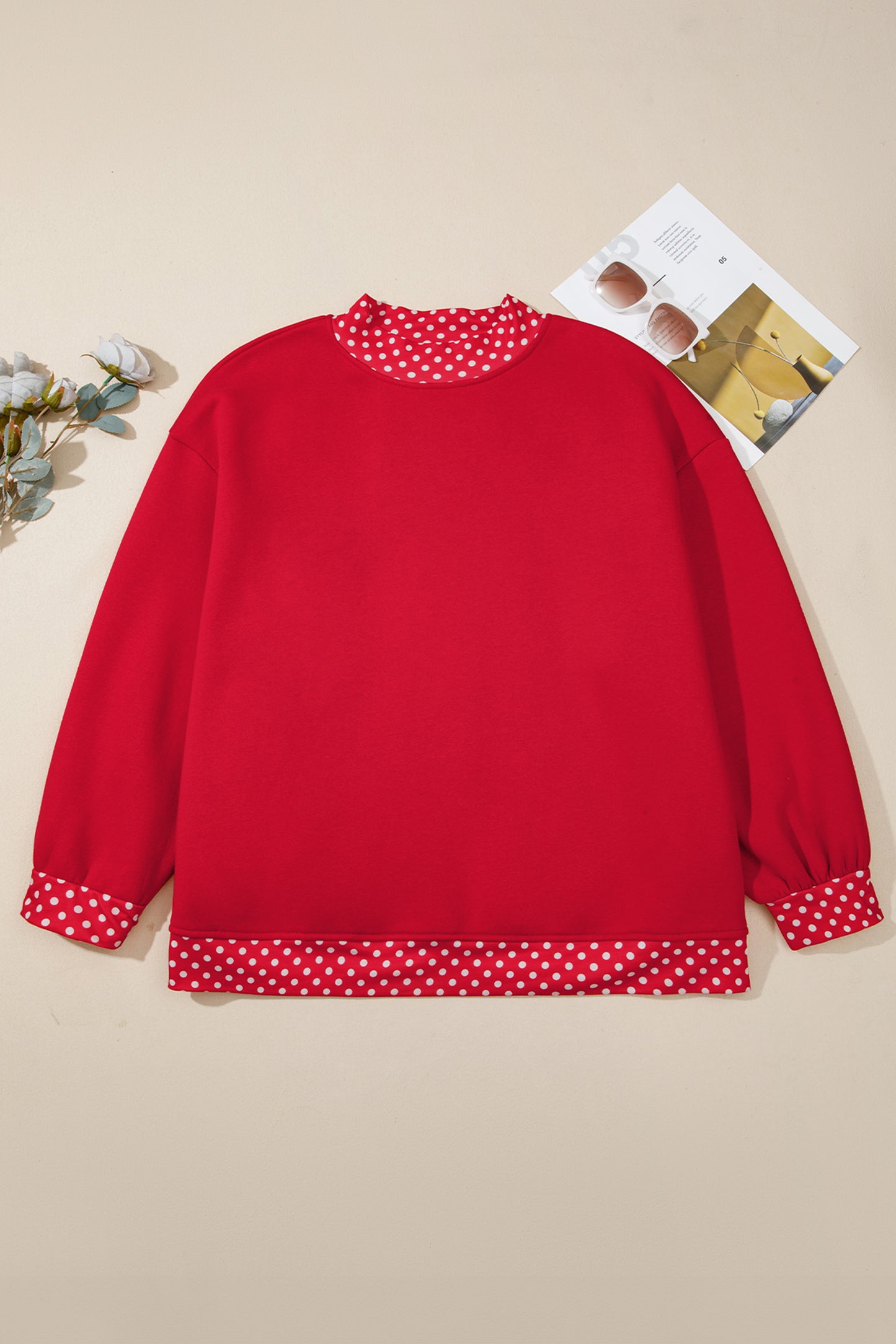 Dark Green Polka Dot Patchwork Round Neck Plus Size Sweatshirt