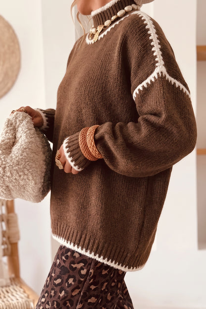 Dark Khaki Contrast Trim Mock Neck Drop Shoulder Relaxed Sweater