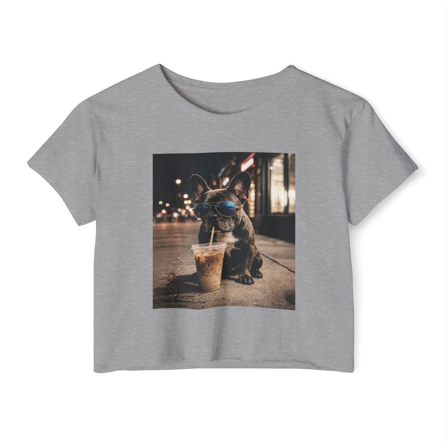 Crop Top — Cute French Bulldog Drinking Iced Coffee Graphic