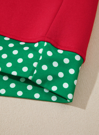 Dark Green Polka Dot Patchwork Round Neck Plus Size Sweatshirt