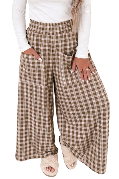Brown Plaid Elastic Waist Patch Pocket Wide Leg Pants