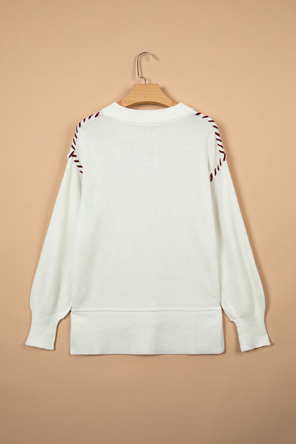 Beige Drop Shoulder Game Day Letter Print Pullover Sweater
