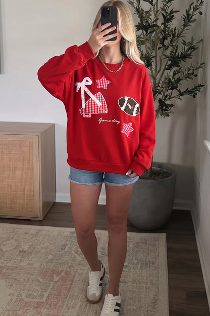 Racing Red Gingham Patch Embroidered Rugby Game Day Stars Sweatshirt
