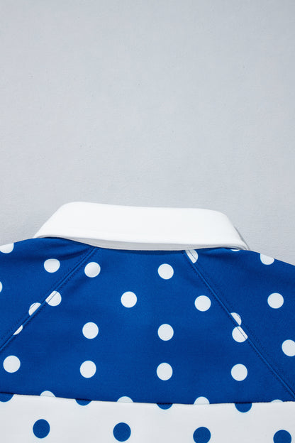Blue Polka Dot Colorblock Half Zip Puff Sleeve Pullover Sweatshirt