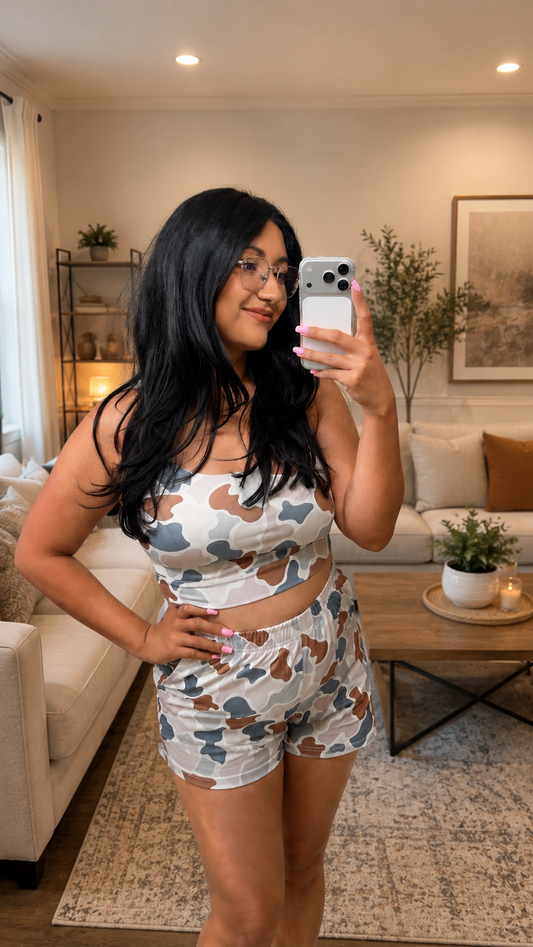 Multicolour Camouflage Printed Cropped Tank Athleisure 2pcs Short Set