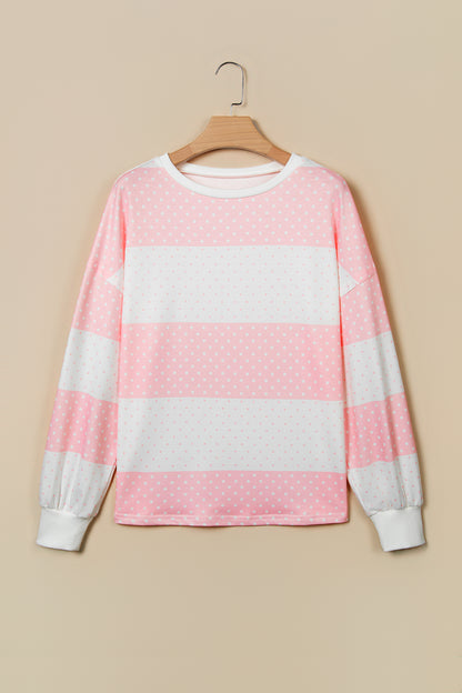 Brown Polka Dot Patchwork Colorblock Long Sleeve Top