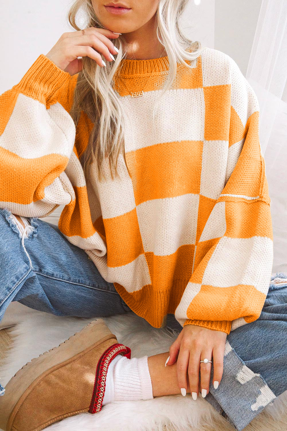 Black Checkered Bishop Sleeve Sweater
