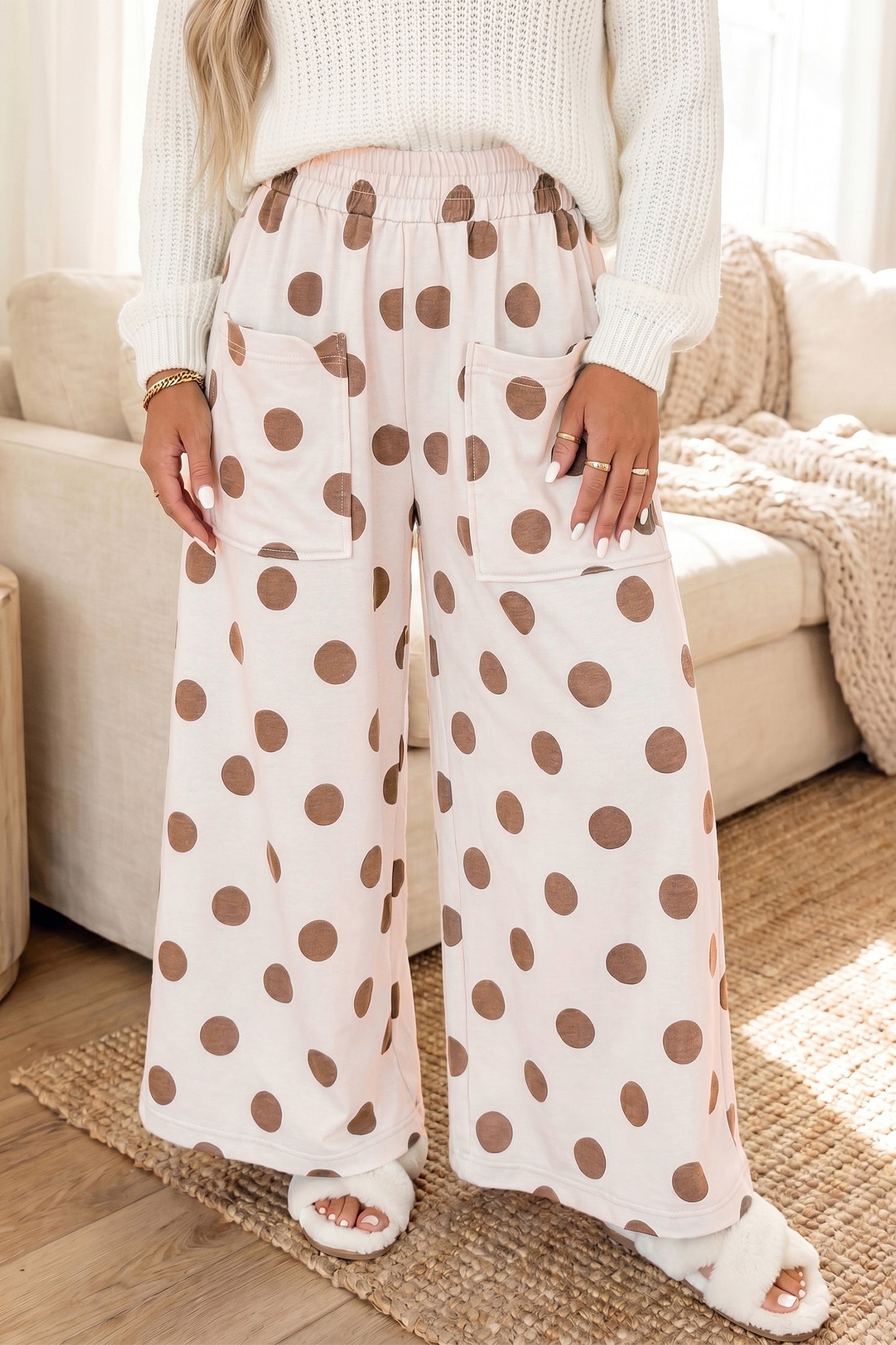 Brown Polka Dot Wide Leg Elastic Waist Casual Pants