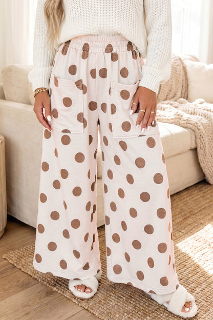 Brown Polka Dot Wide Leg Elastic Waist Casual Pants