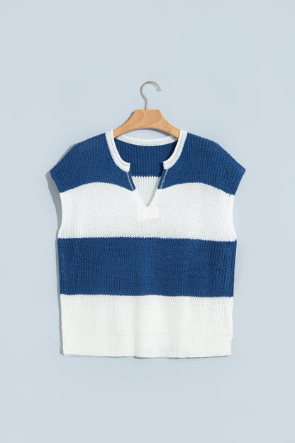 Brown Stripe Striped Colorblock Knit V Neck Short Sleeve Loose Sweater