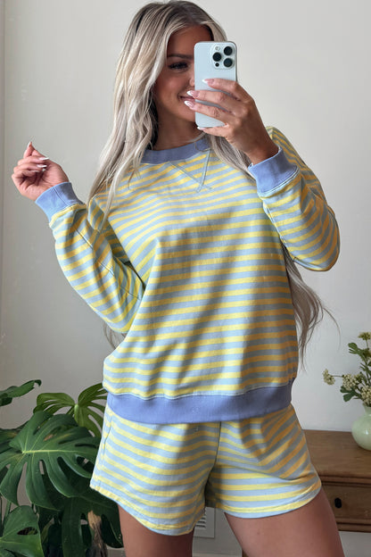 Green Stripe Color Block Detail Long Sleeve Pullover Elastic Waist Pull On Shorts 2pcs Set