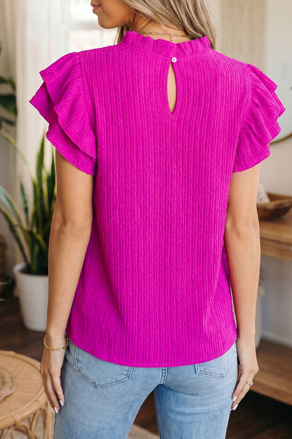 Dark Blue Solid Color Textured Ruffle Trim Short Sleeve Blouse