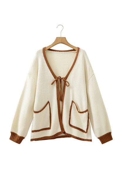 Chestnut Contrast Trim V-Neck Tie Front Loose Sweater Cardigan