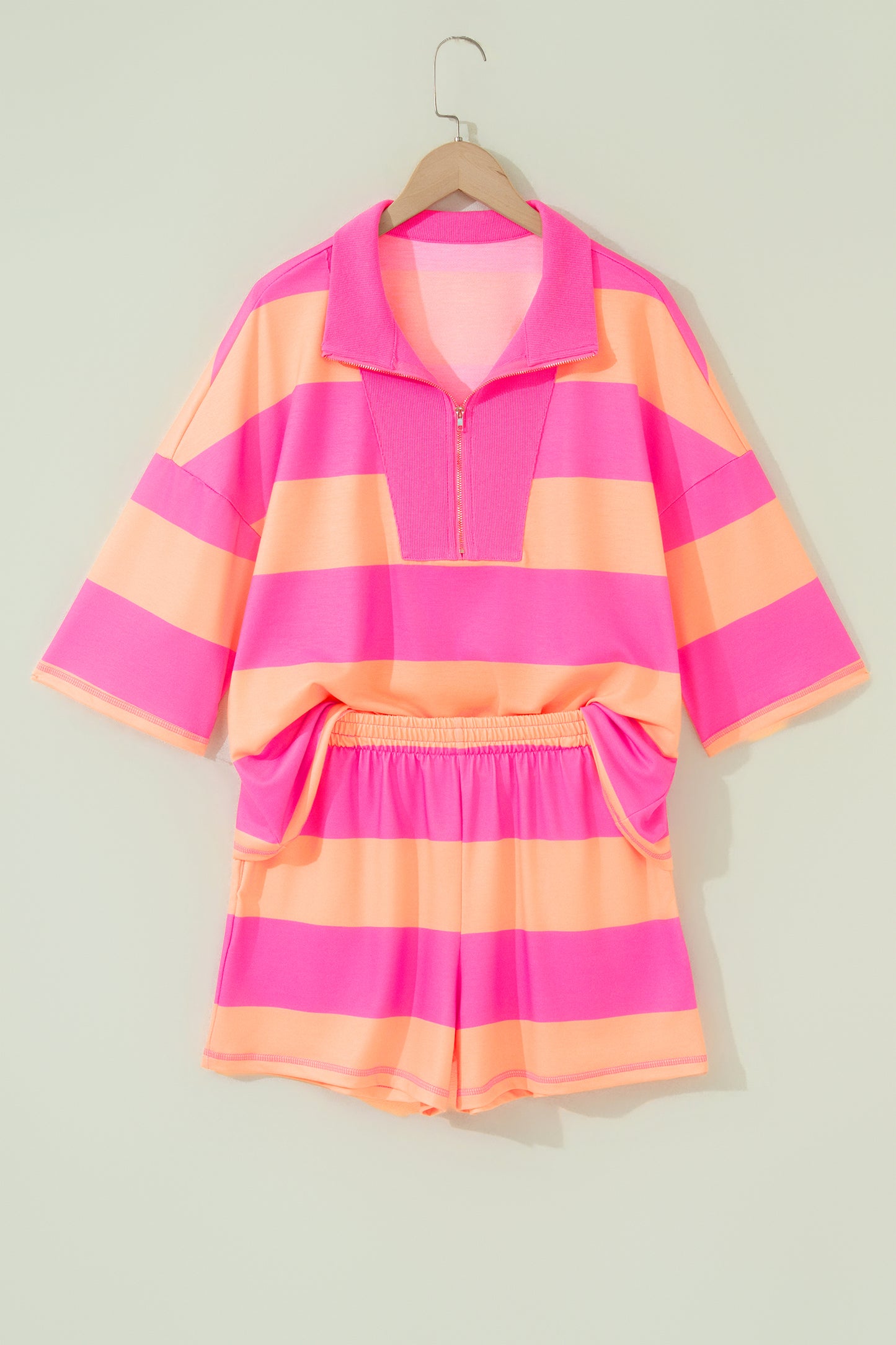 Pink Half Zipper Placket Bracelet Sleeve Top Casual Shorts Set