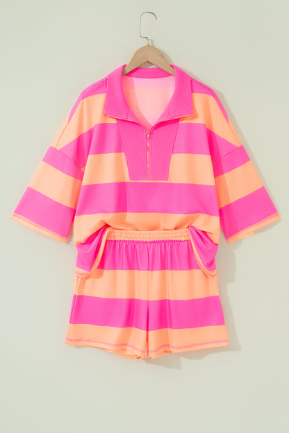 Pink Half Zipper Placket Bracelet Sleeve Top Casual Shorts Set