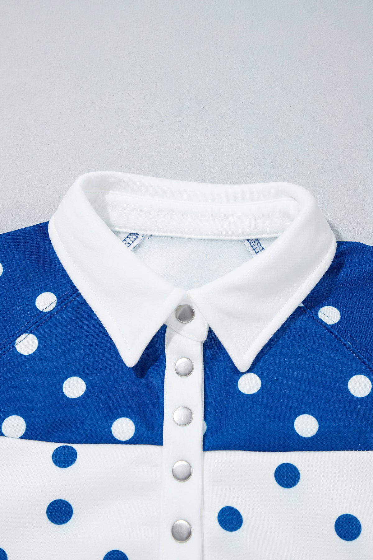 Blue Polka Dot Colorblock Half Zip Puff Sleeve Pullover Sweatshirt