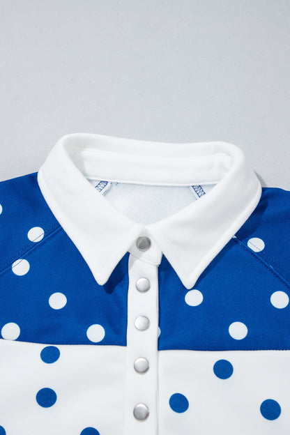 Blue Polka Dot Colorblock Half Zip Puff Sleeve Pullover Sweatshirt