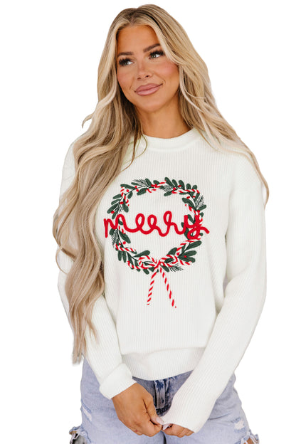White Christmas Wreath Pattern Round Neck Casual Sweater