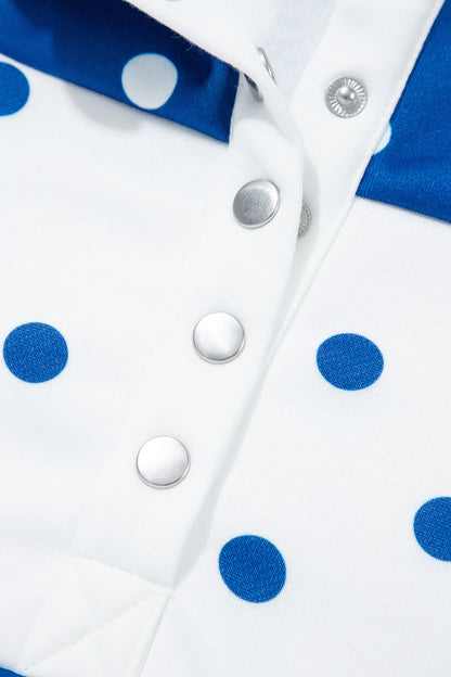 Blue Polka Dot Colorblock Half Zip Puff Sleeve Pullover Sweatshirt