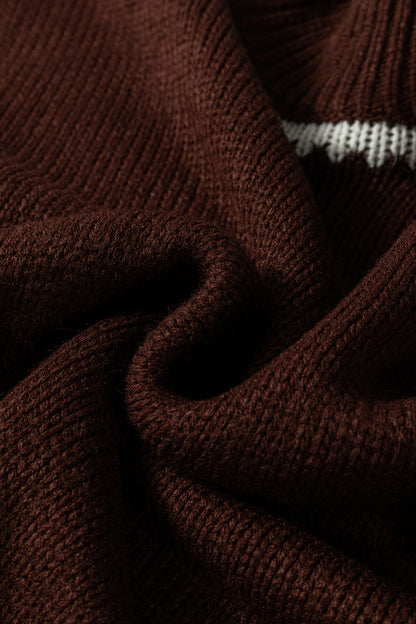 Dark Khaki Contrast Trim Mock Neck Drop Shoulder Relaxed Sweater