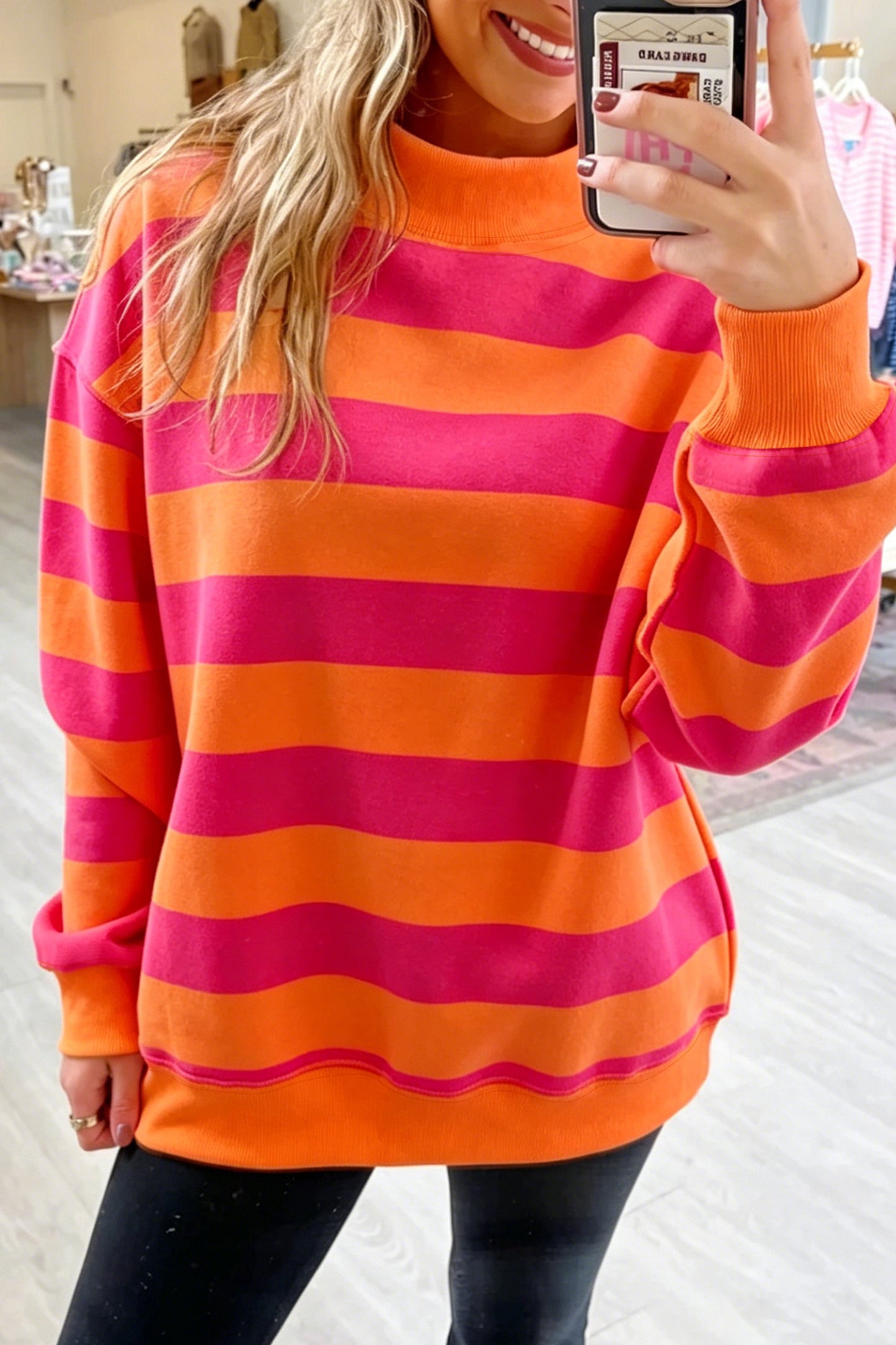 Blue Stripe Colorblock Mock Neck Relaxed Sweatshirt