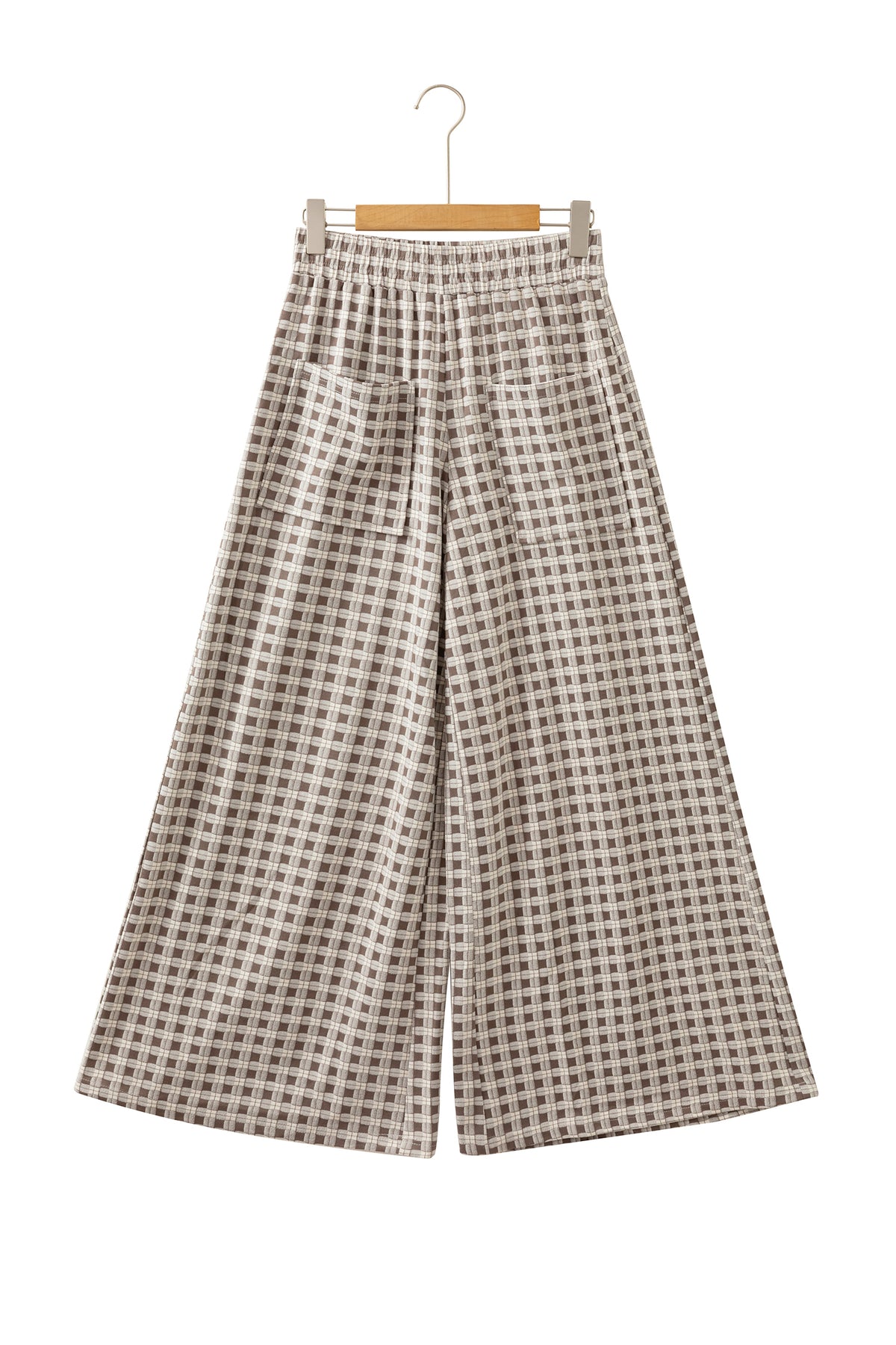 Brown Plaid Elastic Waist Patch Pocket Wide Leg Pants